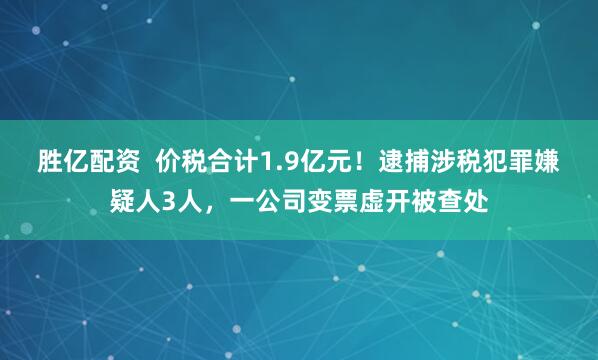胜亿配资  价税合计1.9亿元！逮捕涉税犯罪嫌疑人3人，一公司变票虚开被查处
